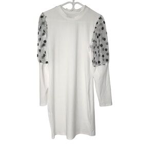 White Ribbed Knit Dress with Sheer Polka Dot Puff Sleeves/Dress Shirt